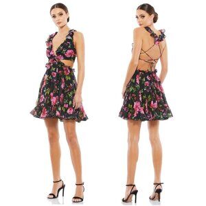 MAC DUGGAL Ruffle Cutout Lace-Up Mini Dress in Black Multi Size US 10